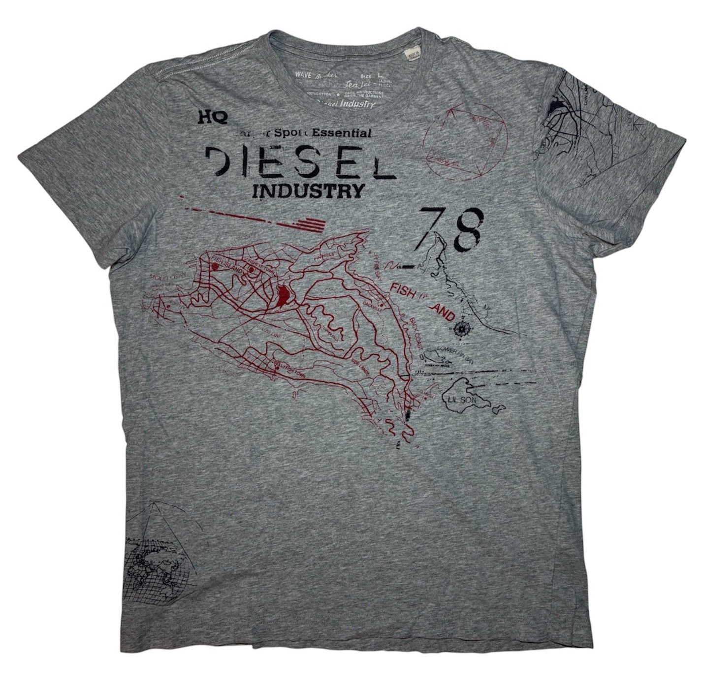 Vintage Diesel Industry T Shirt Men L Nautical Map Graphic Wave Breaker Y2K Slim
