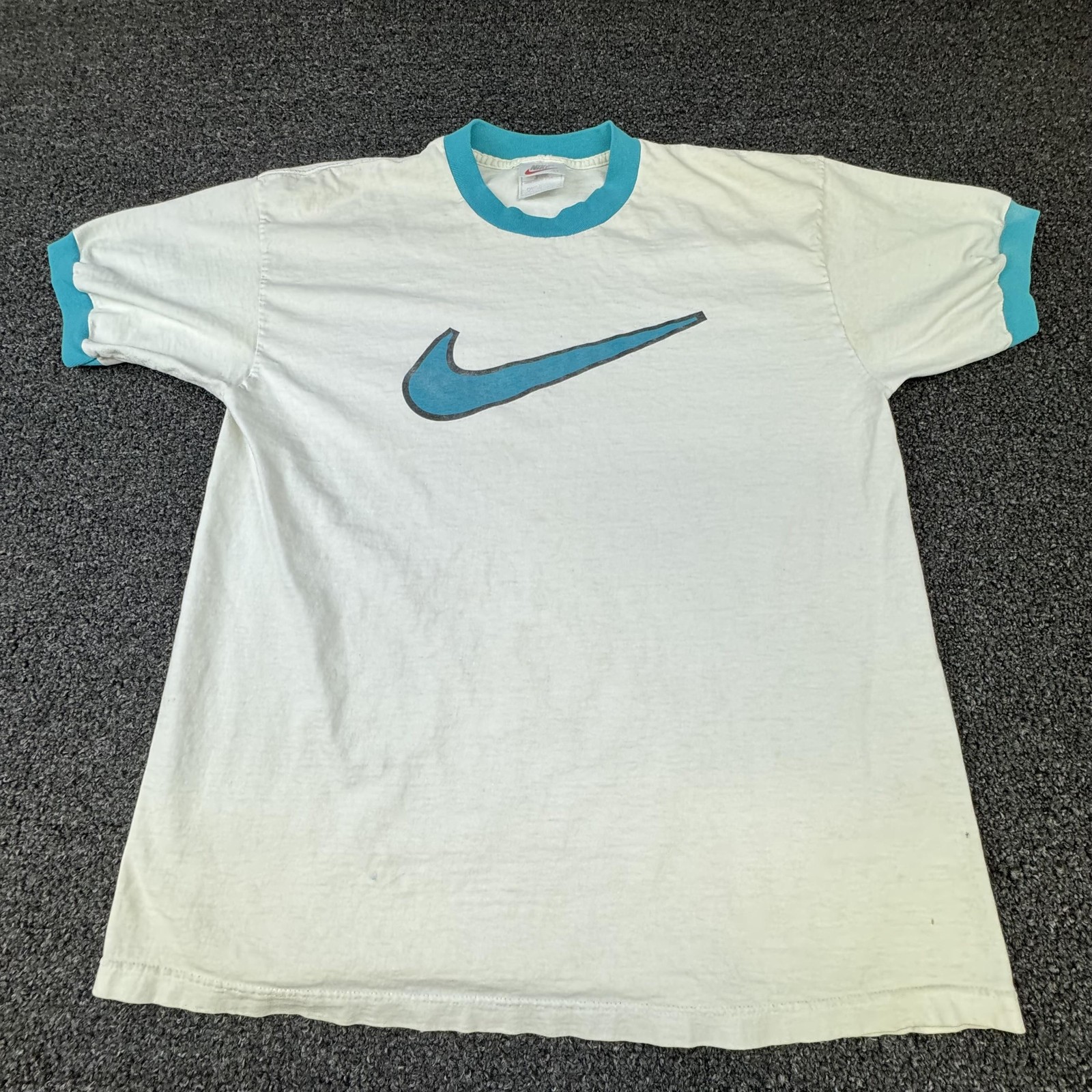 Vintage Nike Logo Shirt Mens Large White Teal Graphic Swoosh Ringer 80s 90s