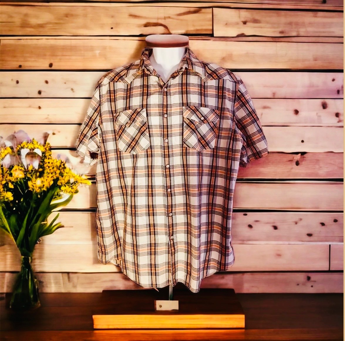 Men’s Western Fit Plaid Shirt XL Orange Black Gray White Pre-Owned gallery