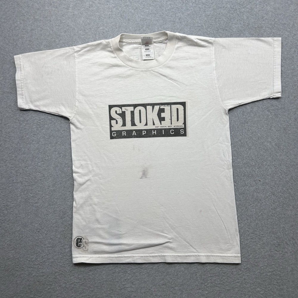 Stoked Graphic Tee Youth 14/16 White Vintage Y2K Skate Distressed Grunge Retro
