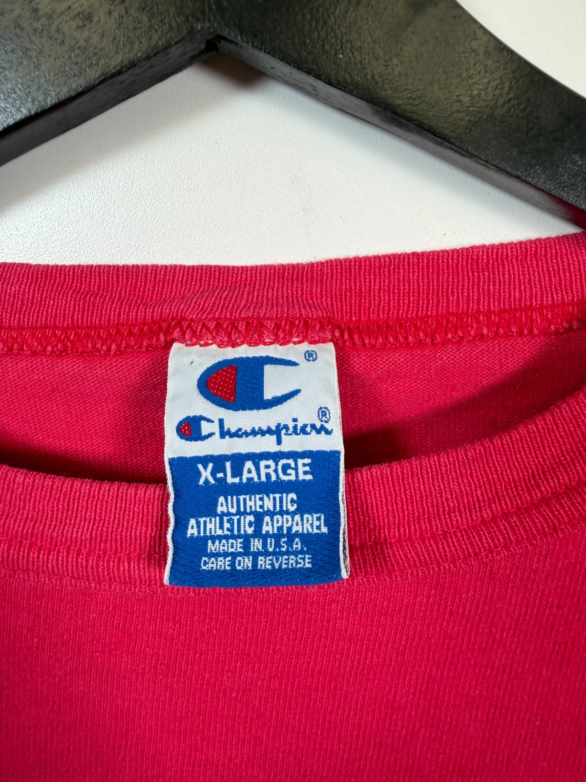 Vtg Champion Mens Crewneck Spellout Logo Statement T Shirt Red Pink Size XL gallery