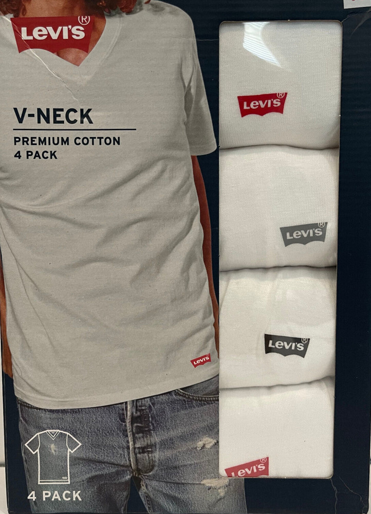 Levis 4 Pack Mens V-Neck Premium Cotton T-Shirts Sizes: S, M, L White
