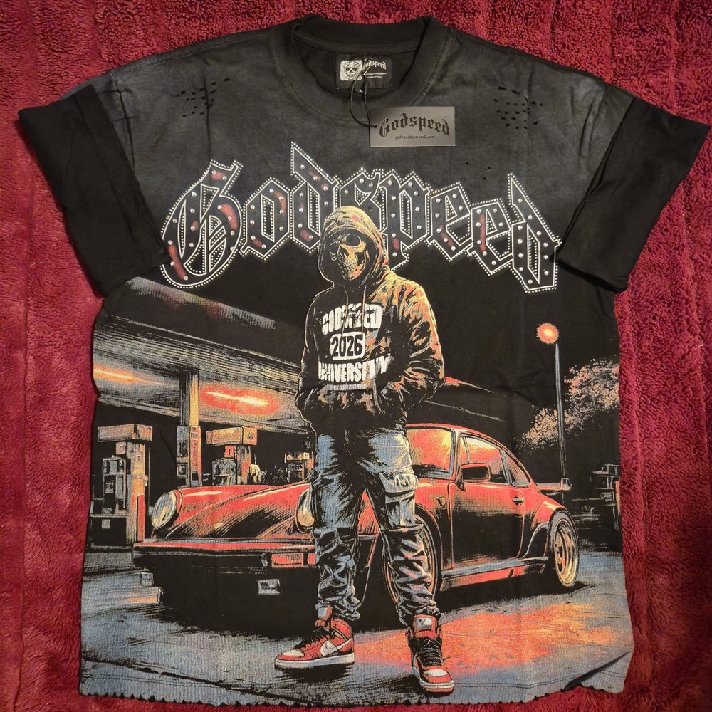 Godspeed NY Rhinestone Skull Tee Vintage Black Mens Medium NWT Y2K Oversized