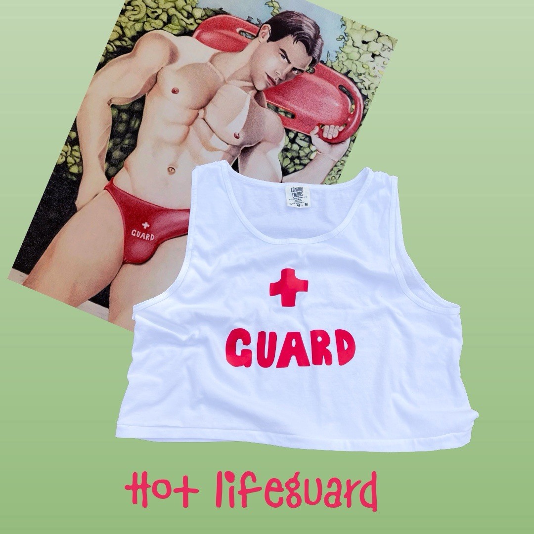 Lifeguard custom printed Mens White 100% cotton super short crop tank top gallery