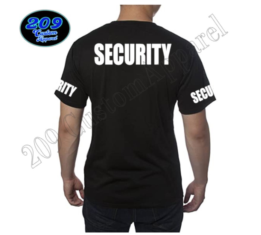 Security T-Shirt Black OR White Staff Club Event Uniform Text Chest/Back/Arms gallery