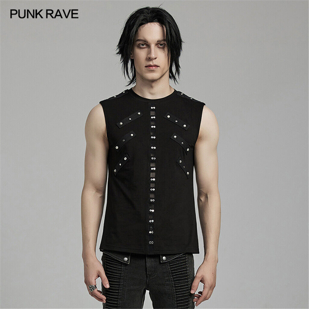 PUNK RAVE Men Black Punk Rock Gothic Steampunk Sleeveless Tops Tank Vest