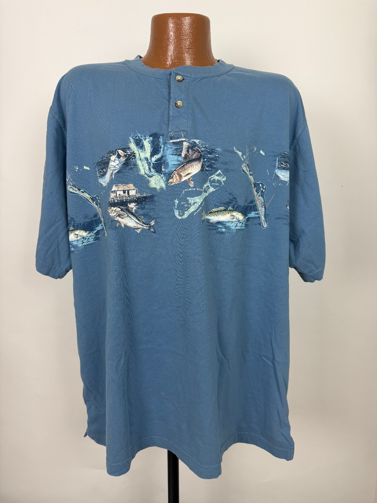 Fish Graphic Henley Shirt Men XXL Saltwater Fishing Bass Dad Cotton Reel Legends gallery