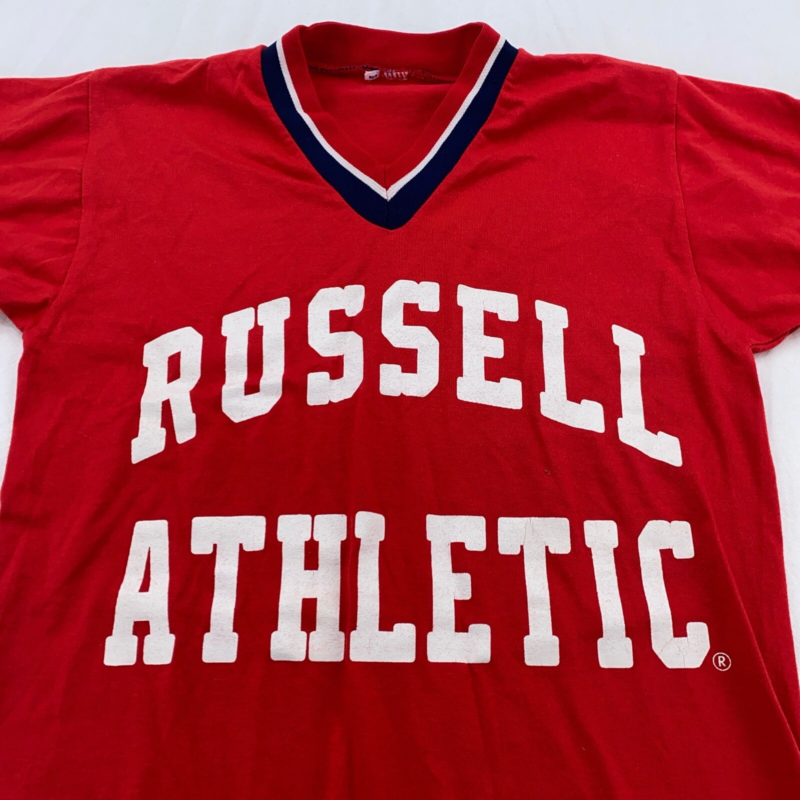 vtg 80s RUSSELL ATHLETIC BASEBALL JERSEY V NECK T-Shirt 2XS sports ringer gallery