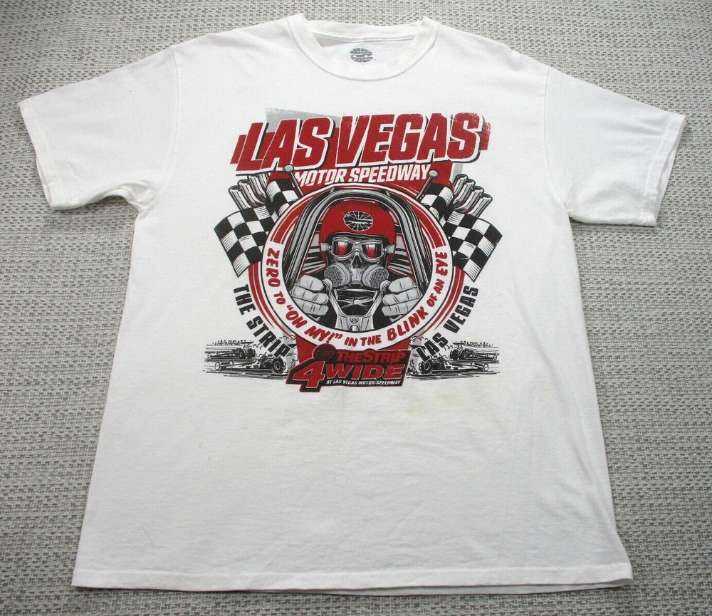 Las Vegas Drag Strip Racing Tee Shirt Mens L White Retro Car Auto Graphic READ