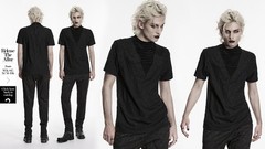 Punk Rave Men Black Gothic Patterned Pleated Drape T-Shirt Lace High Neck Tops