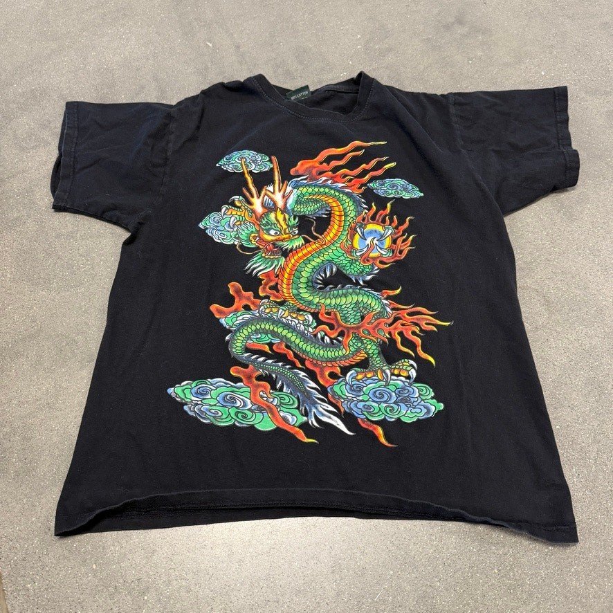90s Chinese Dragon Tee Black Cotton Fire Clouds Mythical Art Vintage T-Shirt L