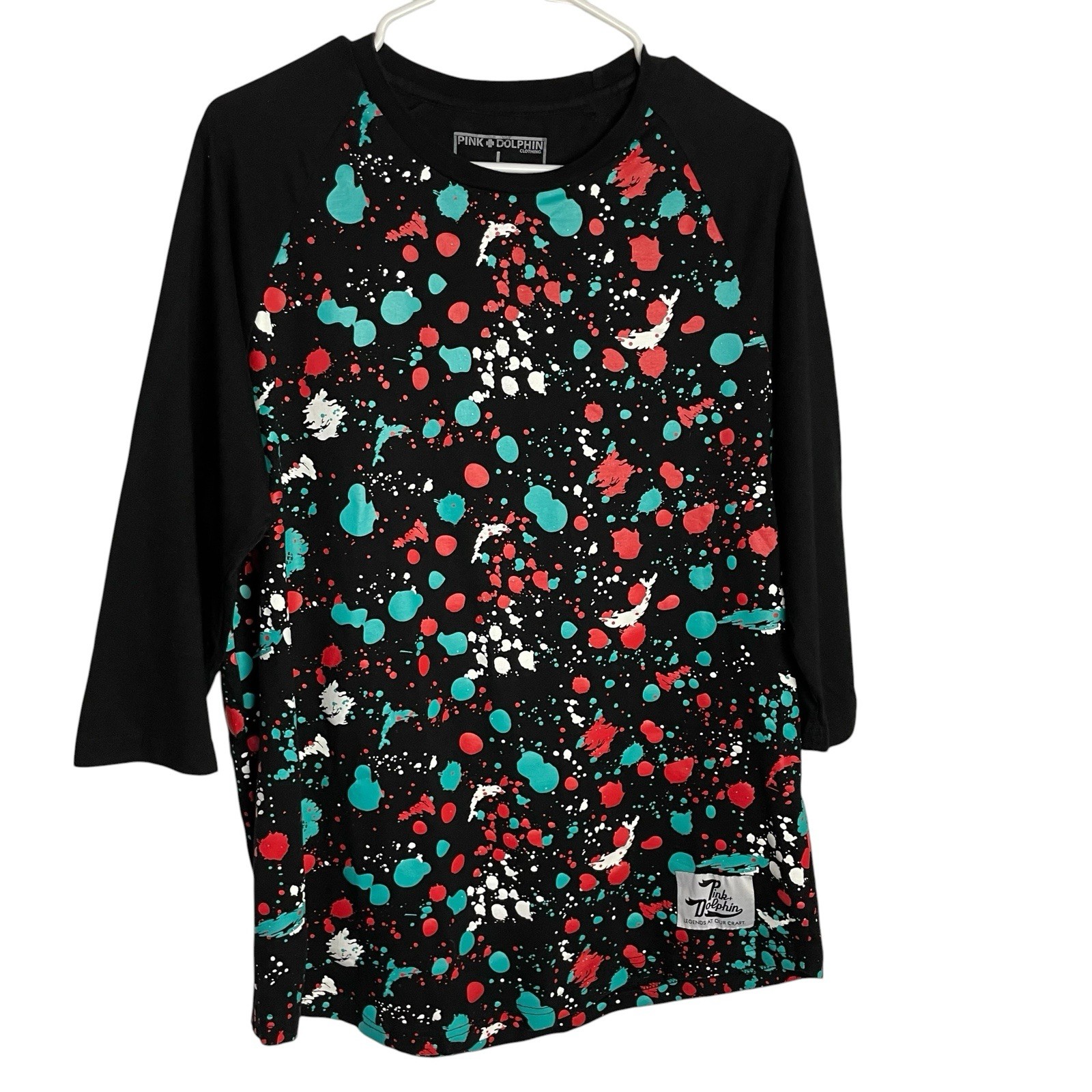 Pink Dolphin Paint Splatter Raglan Tee T-Shirt Size L Black Aqua Crop Sleeve gallery