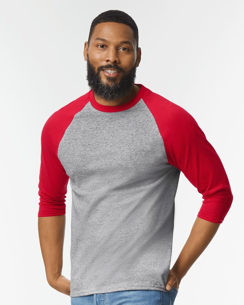 Gildan - Heavy Cotton Raglan Three-Quarter Sleeve T-Shirt - 5700 Sport Grey/ Red gallery