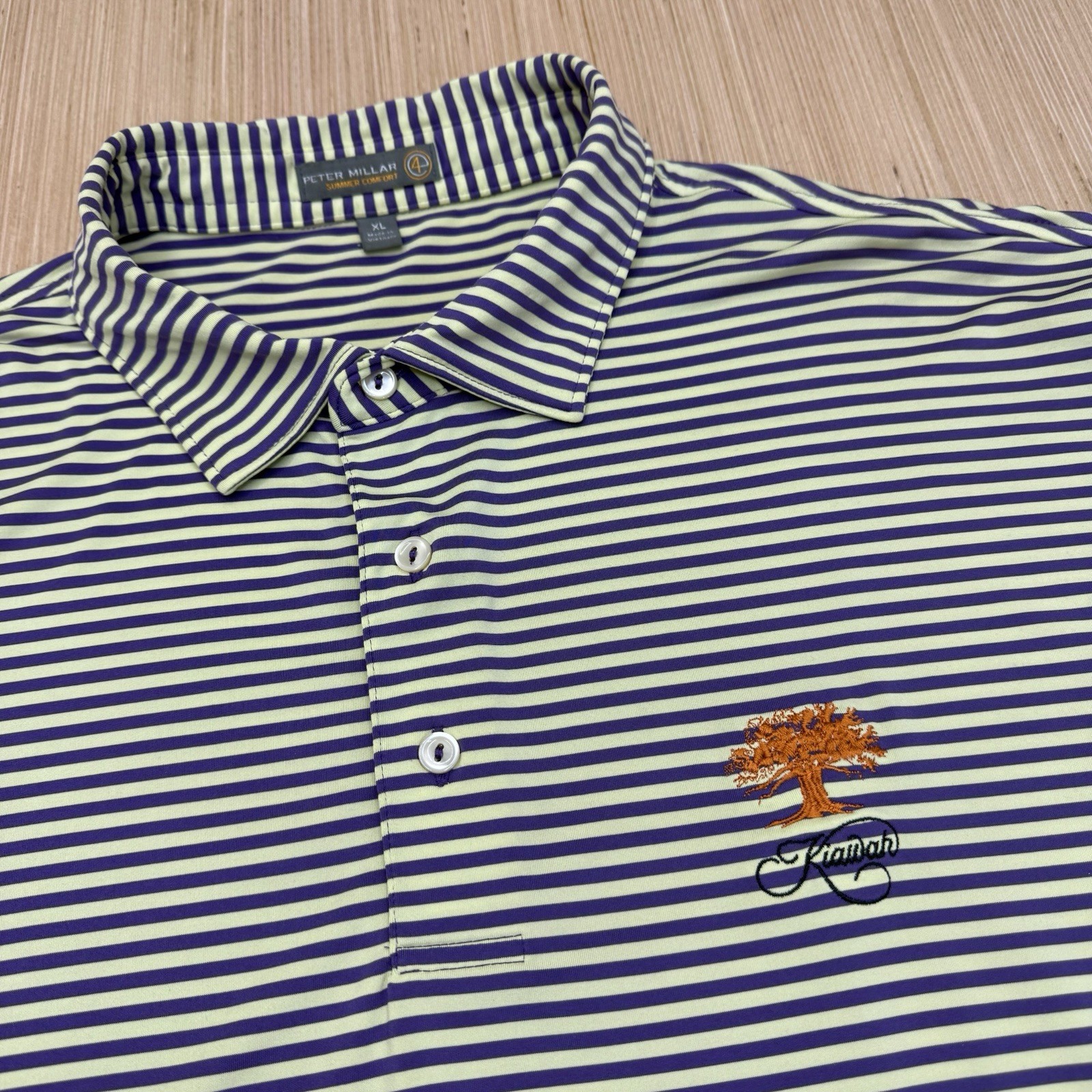Peter Millar Summer Comfort E4 Kiawah Golf Shirt Mens XL Striped Cream/Purple