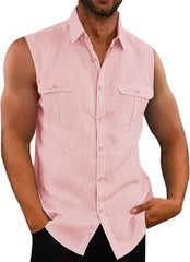 Mens Linen Cotton Sleeveless Button Down Shirt Summer Beach Casual Top