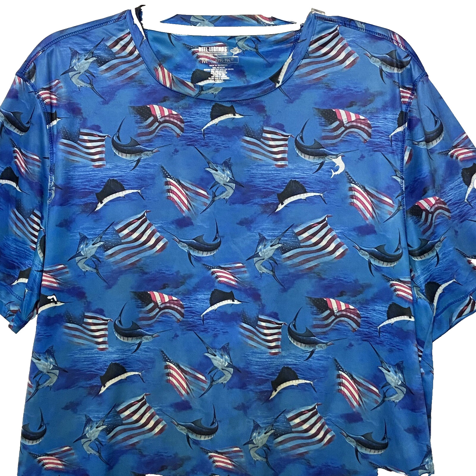 Reel Legends T-shirt Tee Mens Blue Sz M Reel Tec Flag Fish All Over Patriotic