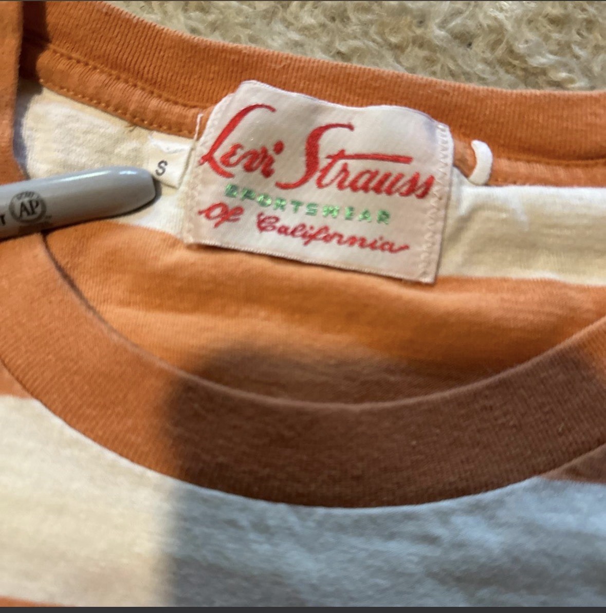 LEVIS VINTAGE CLOTHING LVC 1940’S SPLIT HEM T-SHIRT STRIPE Orange White Size S gallery
