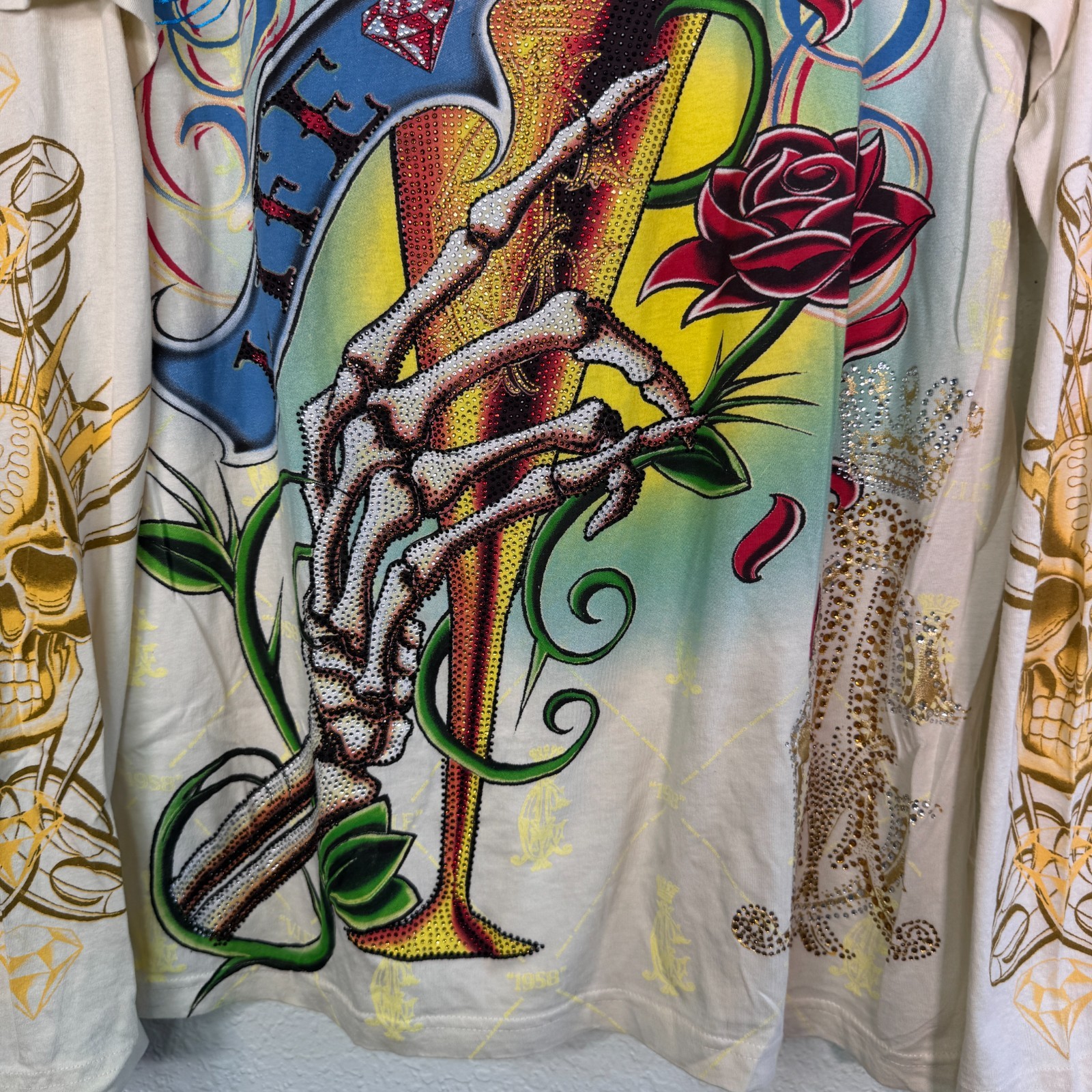 Christian Audigier Shirt Mens XL Celebrate Life 2fer Skull Rhinestone Y2K Tattoo gallery