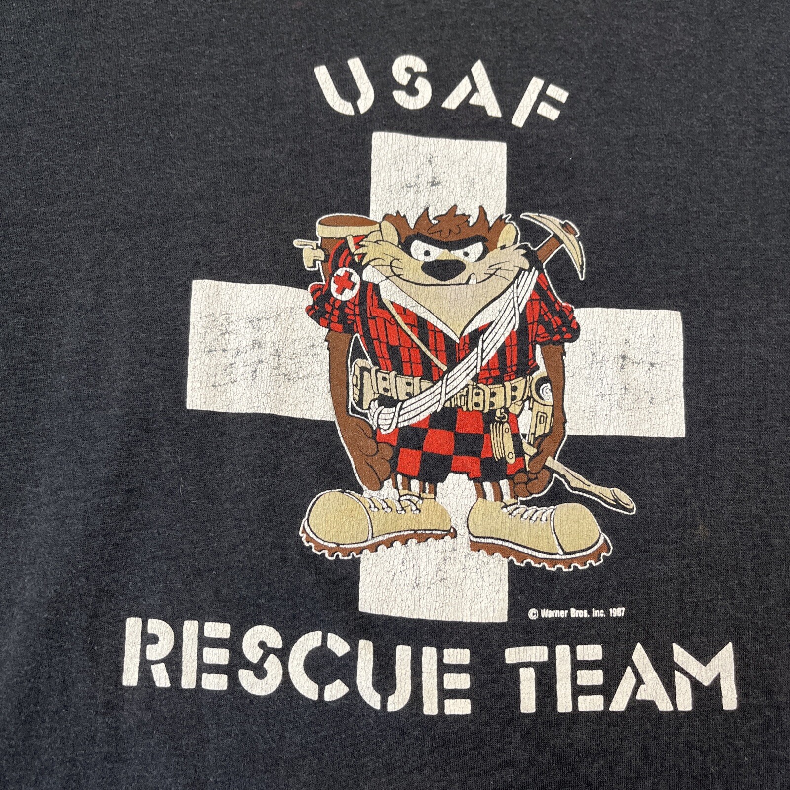 Vintage 1987 USAF Rescue Team Tax Tee Black Large Single Stitch VTG 80s Cartoon gallery