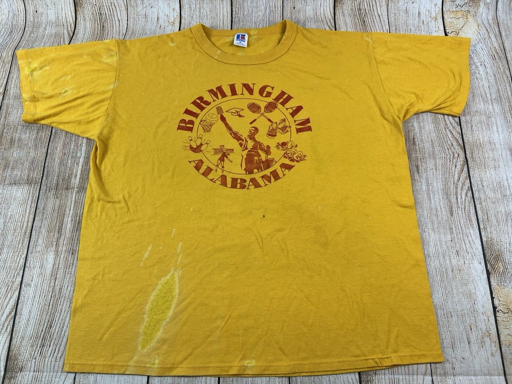 Vintage Distressed Russell Athletic Birmingham Alabama Yellow T Shirt Size XL