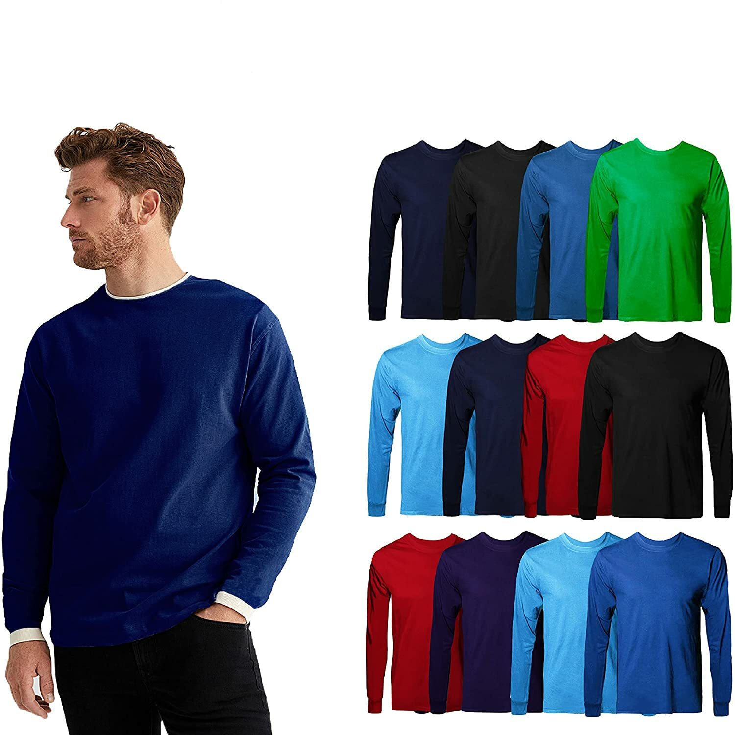 BILLIONHATS Mens Long Sleeve Colorful T-Shirts, 100% Cotton -Crew Neck Bulk Tees gallery