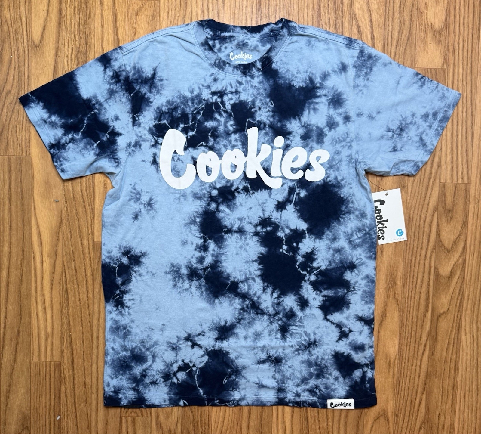COOKIES Men’s Blue and Black Tie Dye Graphic T-Shirt Size Medium