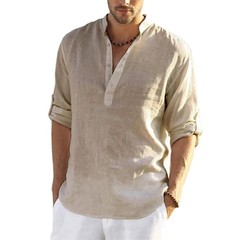 Men Casual Shirt Long Sleeve Cotton Linen Beach T Shirt Lightweight NEW 7 COLORS