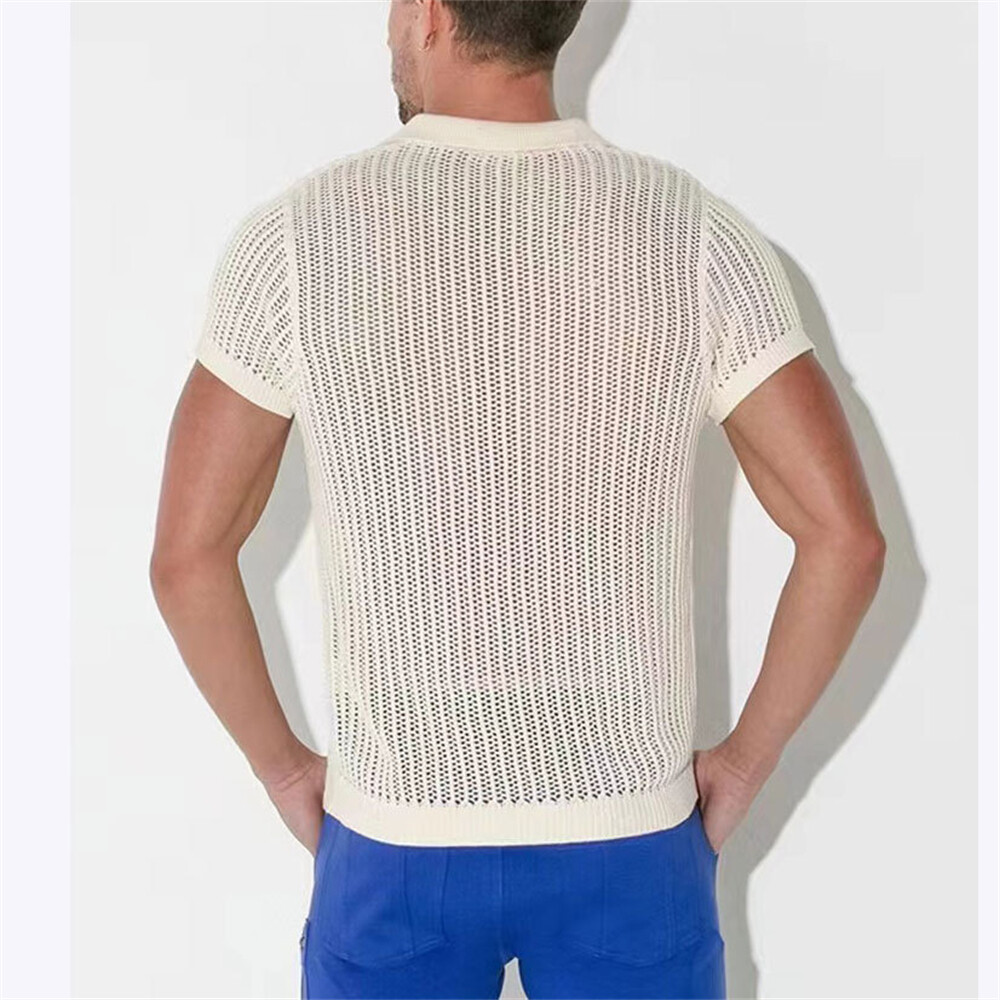 Men Elastic Knit T-Shirt Fashion Casual Top Short Sleeve Summer Polo Shirt Loose gallery