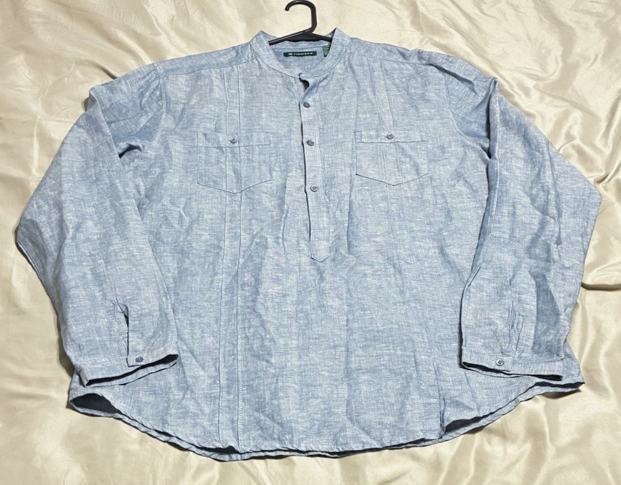 Cubavera XL Linen Blue Henley Shirt Banded Collar Tunic Long Sleeve Pullover