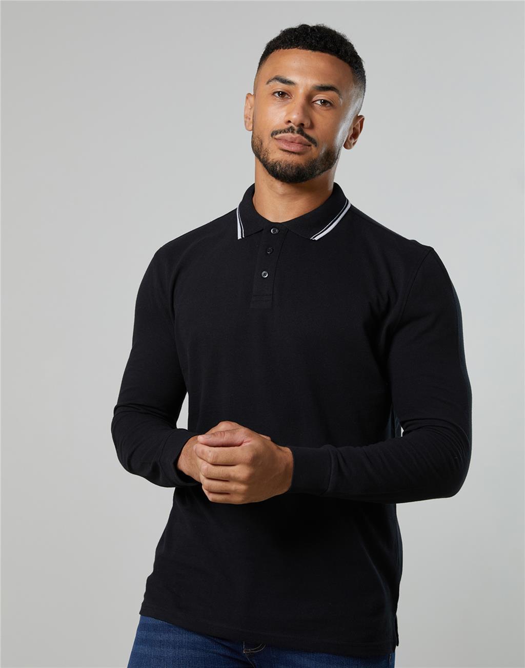 Mens Long Sleeve Polo Shirt Plain Tipped Collar Casual Cotton Tops AWDis gallery