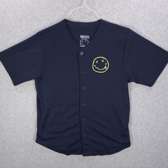 Nirvana Smiley Face Cobain Blue Mesh Graphic Button Jersey Shirt Mens Small
