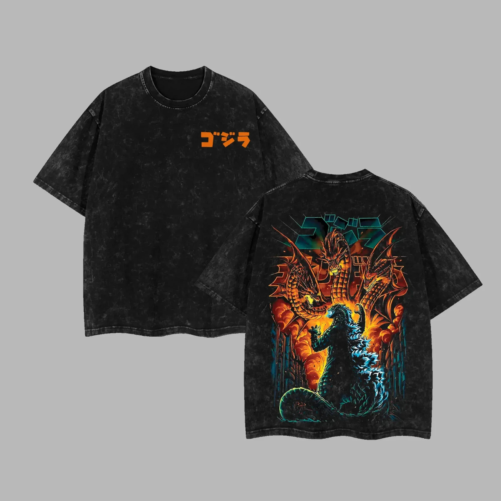 Retro Godzilla Bold Orange Godzilla Kanji Front Chest Print & Fiery Three-Headed