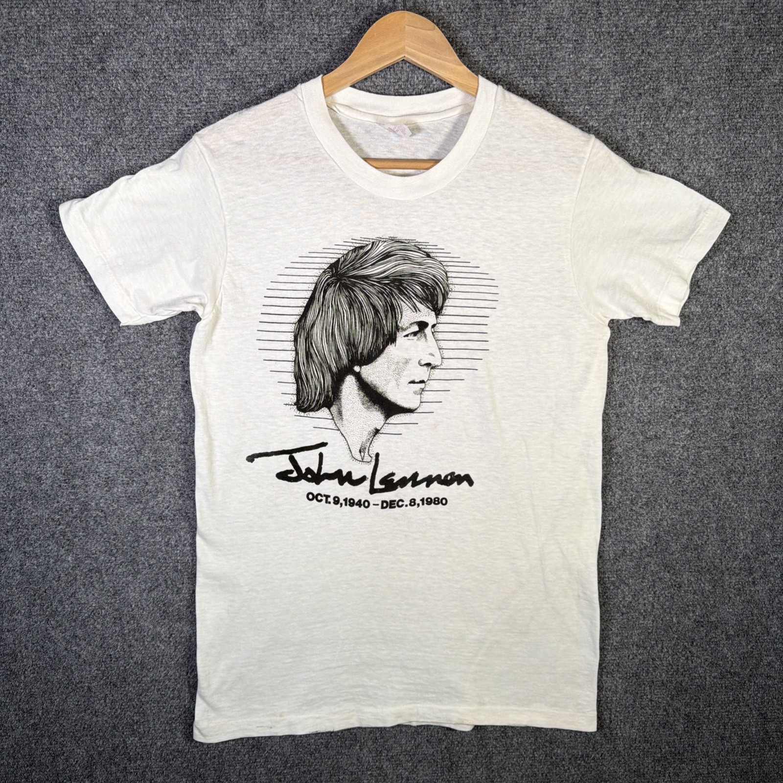 Vintage John Lennon Shirt Small White 80s Beatles Portrait Art Rare Music Death