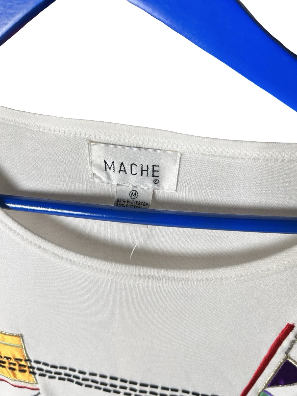 Mache Embellished Structured T-shirt Sz M White Colorful Geometric Appliqué READ gallery