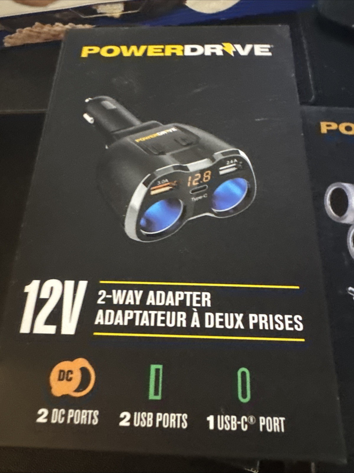 PowerDrive 12V 2-Way Adapter with USB and USB-C Ports LED Display 80W Output Cig
