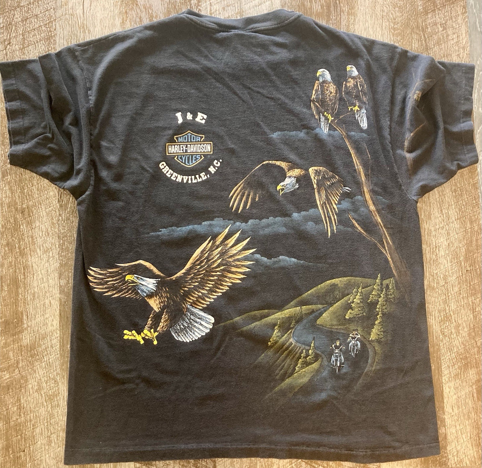VTG 90s Harley Davidson Eagle AOP Shirt Rare Size XL Black Faded Single Stitch gallery