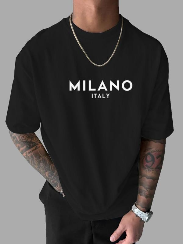 Men's Letter Print Round Neck Tee, Regular Fit Short Sleeve T-shirt gallery
