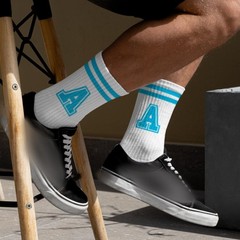 Sky Blue Initial Stripes Socks with Letter A, Retro Athletic Style Socks, Per…