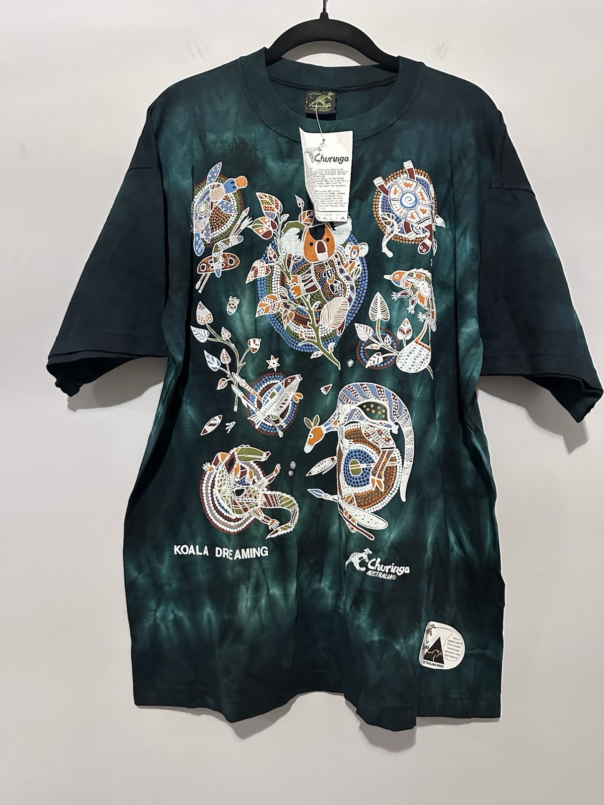 NWT Churinga Designs Australia Green Tie Dye Koala Dreaming T Shirt L Aboriginal gallery