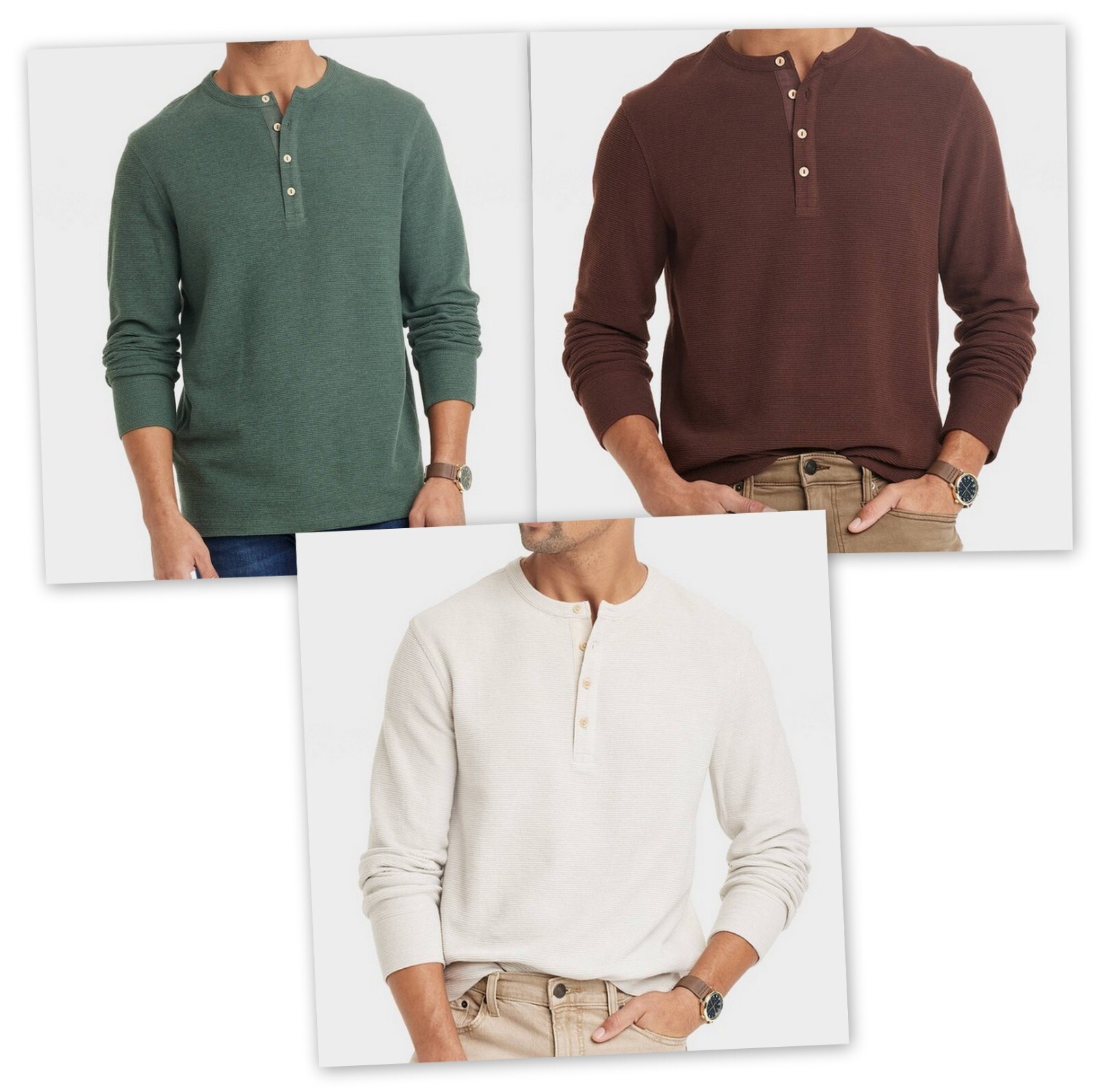 Long Sleeve Textured 4 Button HENLEY Shirts Goodfellow Tan / Brown / Green gallery
