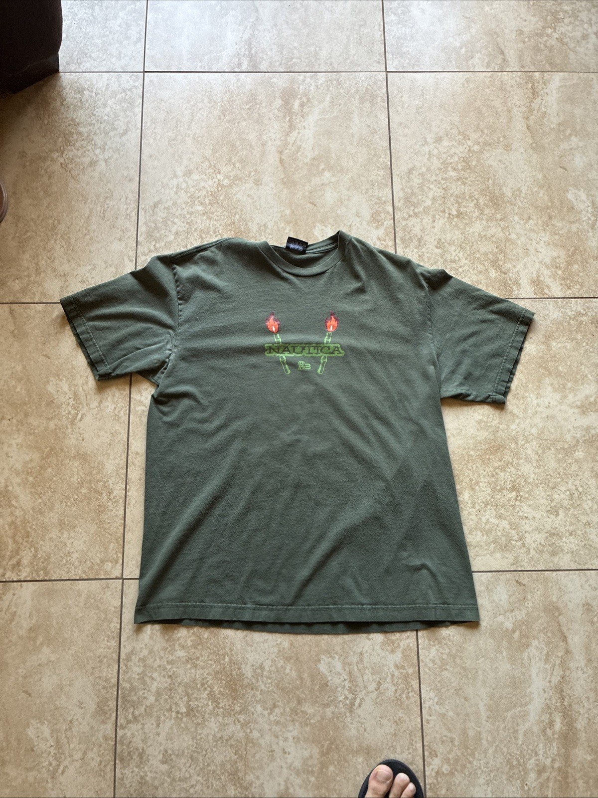 Nautica vtg t shirt green torch light my fire Hawaii style graphic gallery