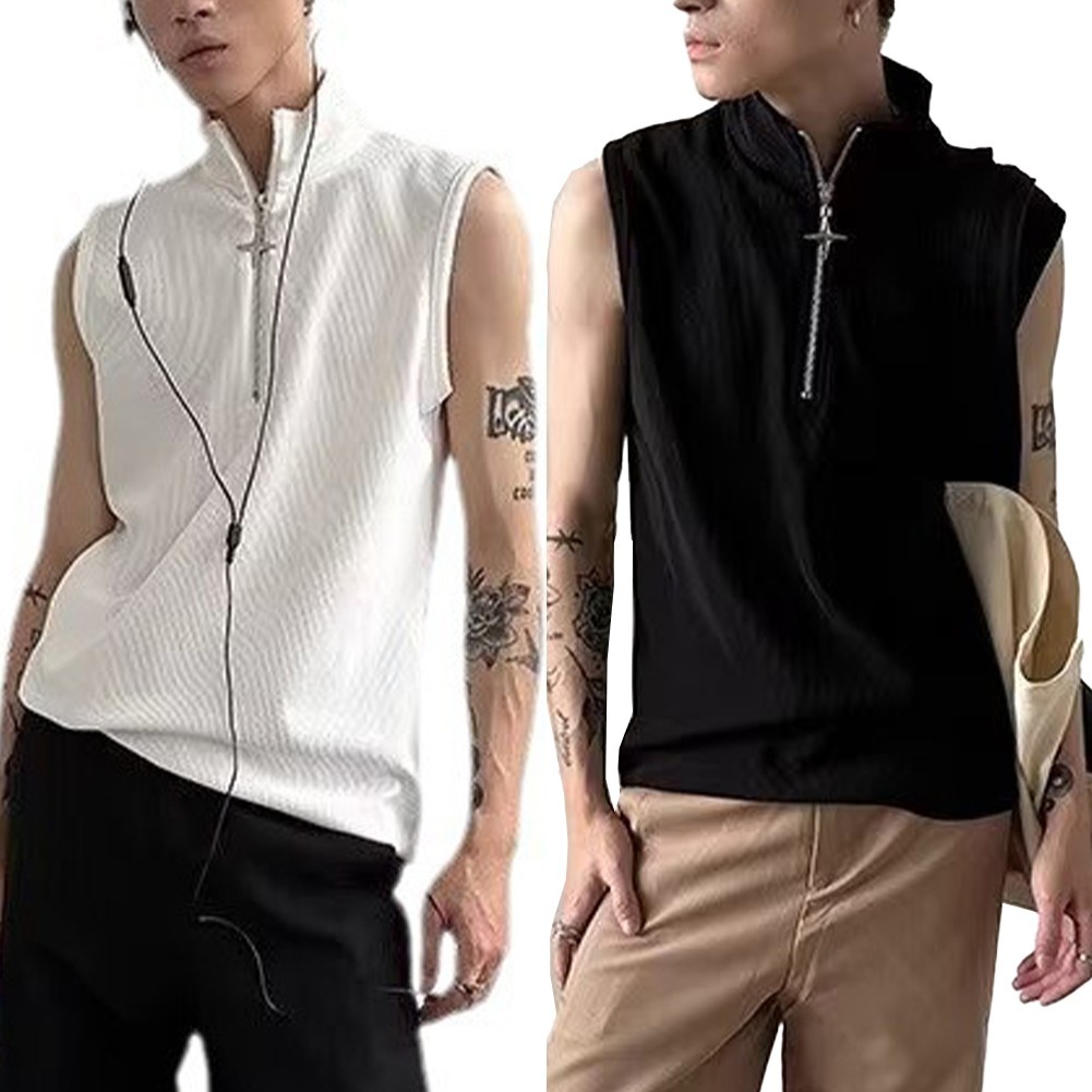 Retro Punk Zipper Tank Top for Men Stylish Sleeveless Vest with Stand Collar gallery