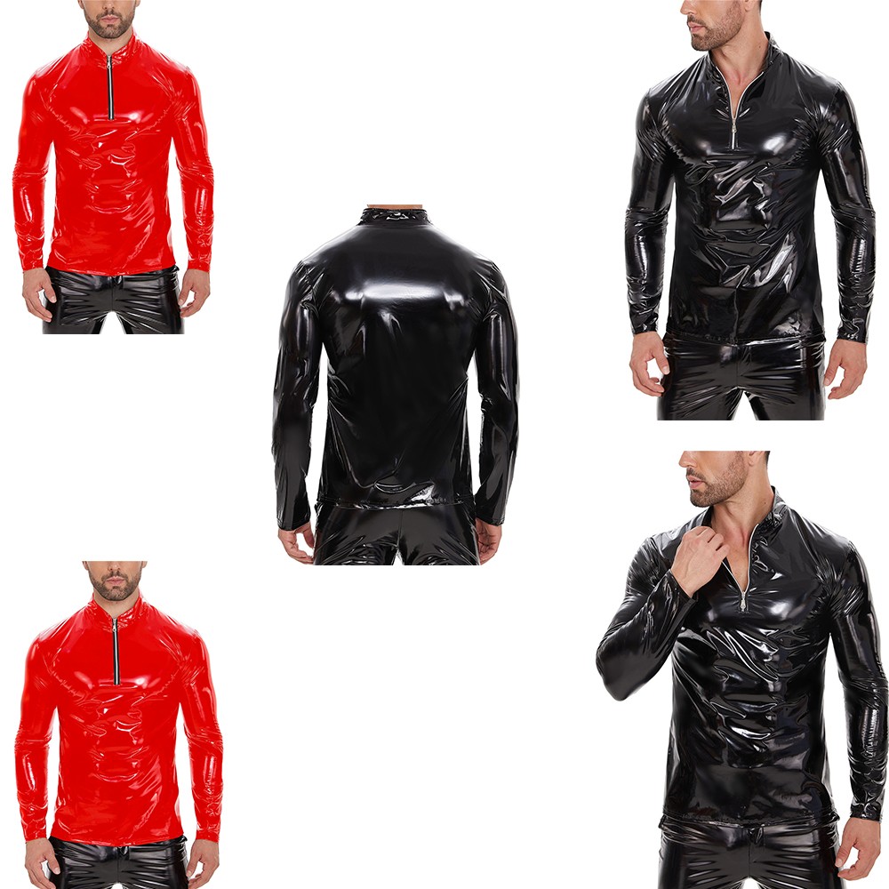 Pvc Leather Sexy Men's T-shirt Long Sleeve Top Zipper Fitness Muscle Men's Top gallery