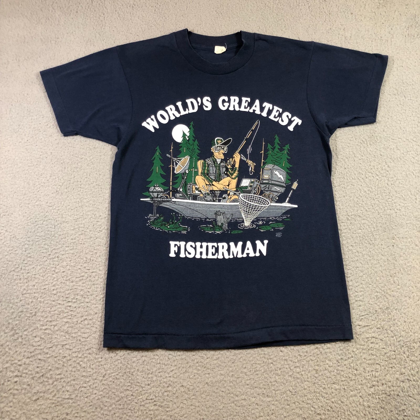 worlds greatest fisherman T Shirt Mens M blue graphic print single stitch 1990 gallery
