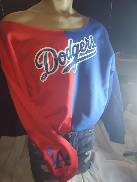 LA Dodgers Baseball World Series raw edge sweatshirt cold shoulder off shoulder gallery