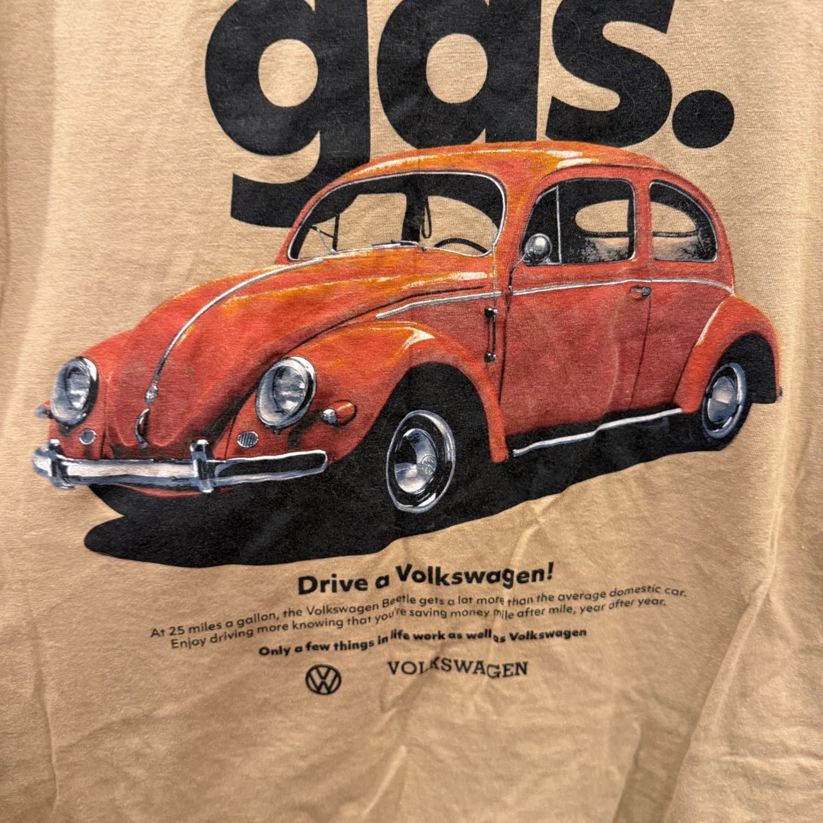 Volkswagen Save Gas Drive a VW Beetle Graphic T-Shirt Tan Mens Medium gallery