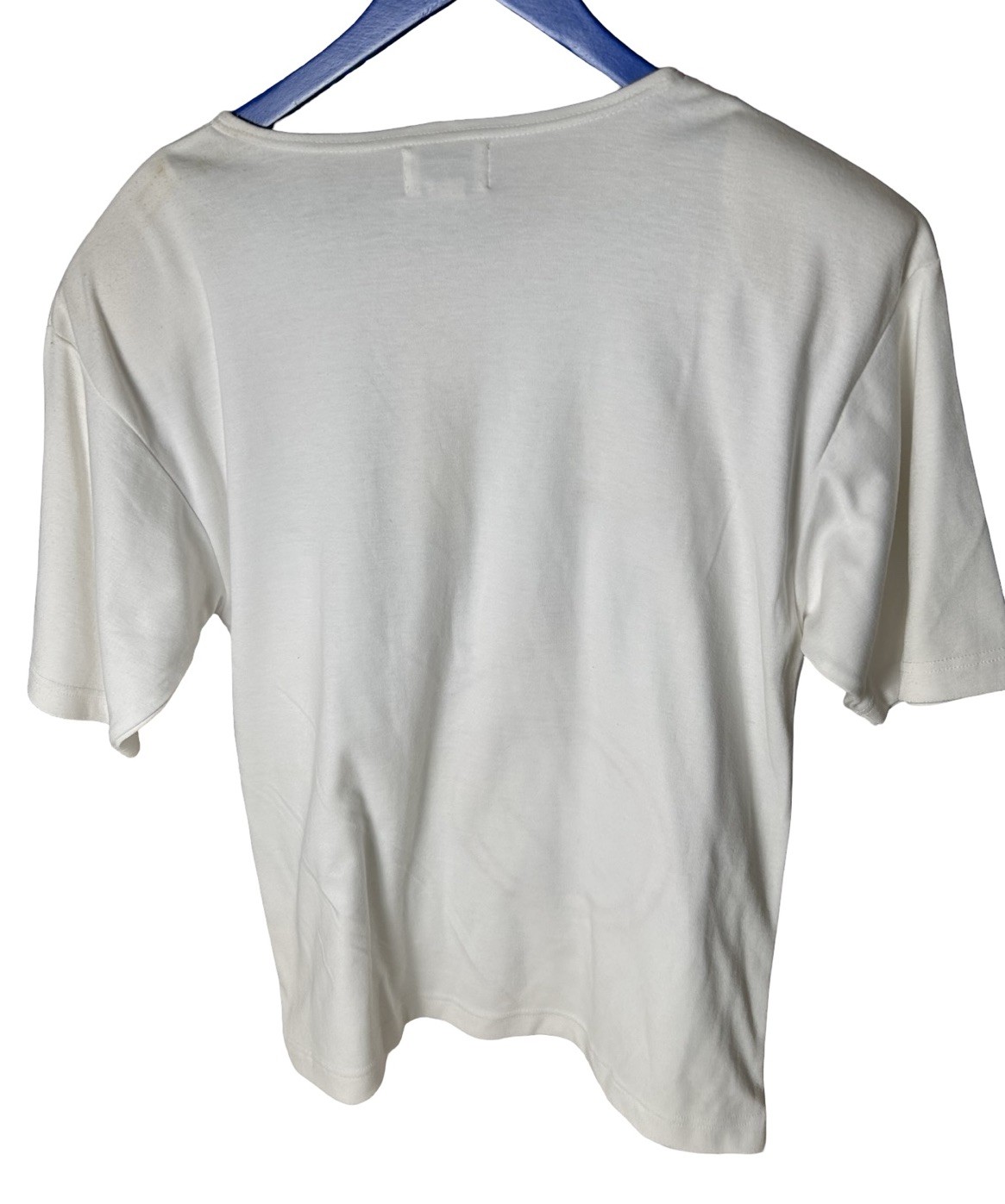 Mache Embellished Structured T-shirt Sz M White Colorful Geometric Appliqué READ gallery