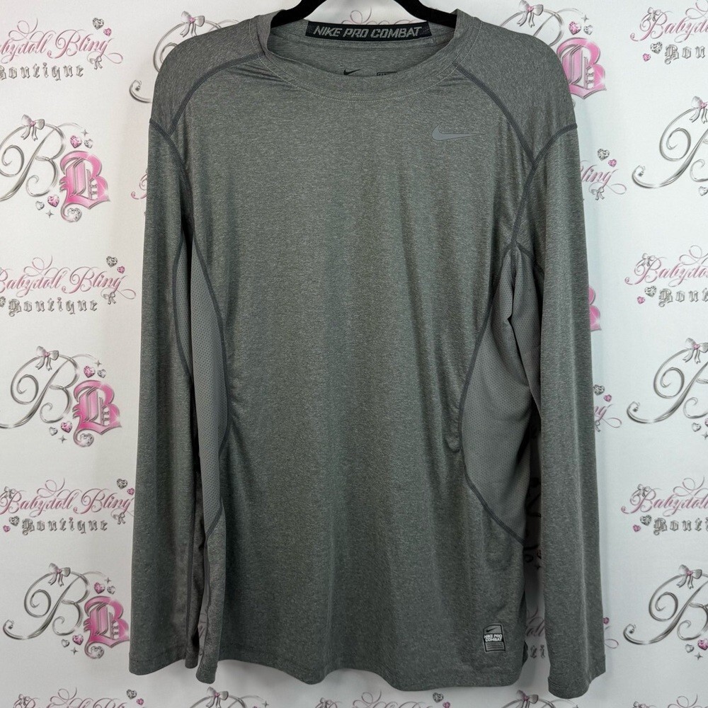 Nike long sleeve shirt dri fit grey silver Pro Combat Men's Long Sleeve Gray Tee gallery