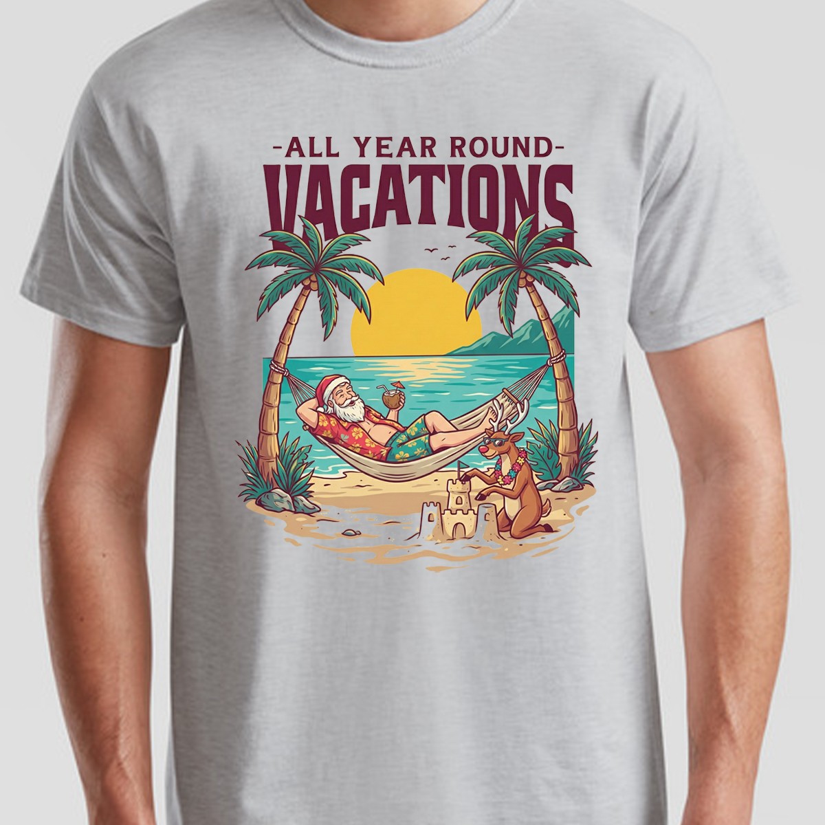 All Year Round Vacations Christmas Santa Reindeer Beach Graphic Unisex Tee gallery