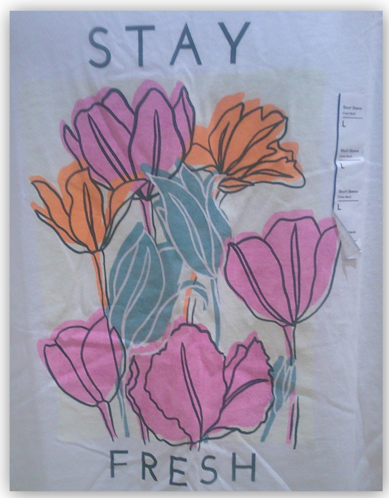 Short Sleeve White Graphic T-Shirt Flowers "Stay Fresh" Cotton Original Use gallery